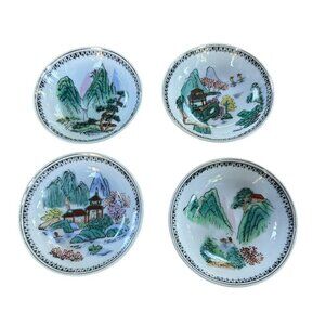 Chinese Landscape Porcelain Hanging Wall Art Hand Painted Plates Set of 4